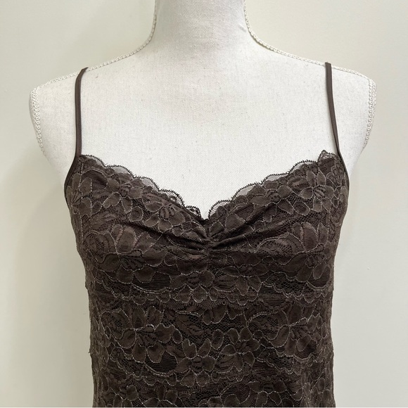 Express Y2K Vintage Lace Camisole Tank Chocolate Brown Ruched Neckline Medium - Picture 2 of 11